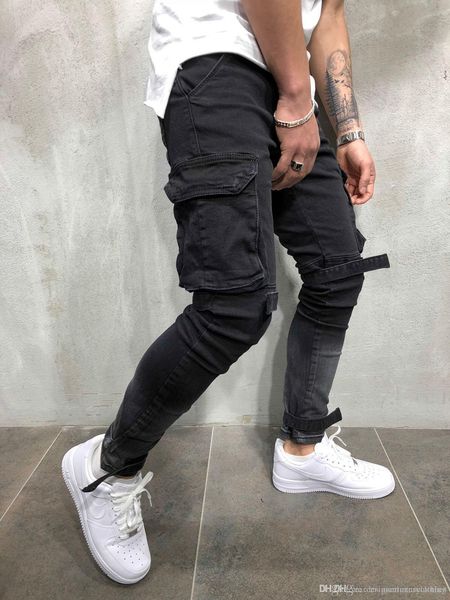 2018 new autumn winter men jeans black big pockets designer biker pencil jean pants, Blue